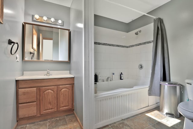 75309 Twin Oaks Rd, Bremen Twp, MN 55735 - full bath with shower / tub combo with curtain, vanity, and stone finish floors