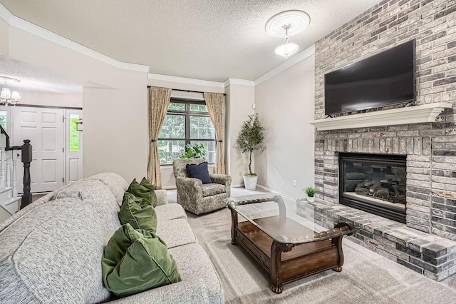 791 139th Ln NW, Andover, MN 55304 - living area featuring a textured ceiling, ornamental molding, and a brick fireplace