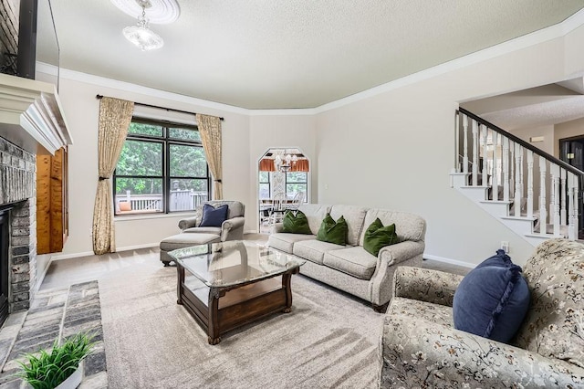 791 139th Ln NW, Andover, MN 55304 - living room with arched walkways, crown molding, stairway, a brick fireplace, and a textured ceiling