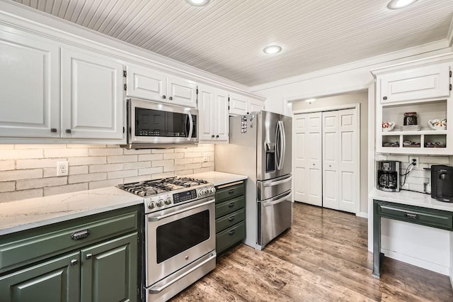 791 139th Ln NW, Andover, MN 55304 - kitchen featuring appliances with stainless steel finishes, white cabinetry, green cabinetry, recessed lighting, and light wood-type flooring