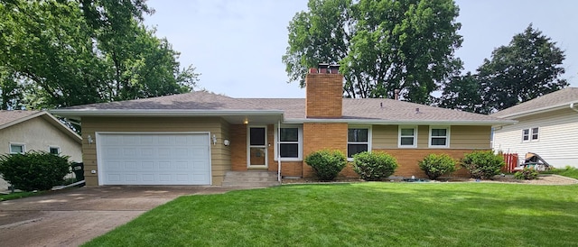 6925 38th Ave N, Crystal, MN 55427 - single story home with a chimney, concrete driveway, a garage, a front yard, and a shingled roof