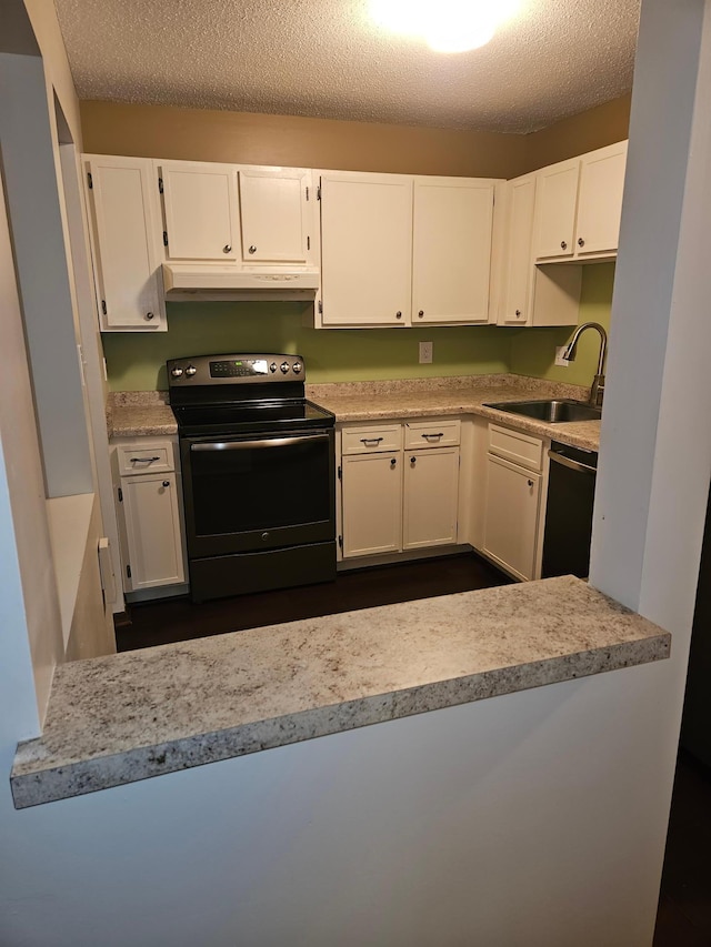 1855 Silver Bell Rd Unit 301, Eagan, MN 55122 - kitchen featuring black electric range, under cabinet range hood, dishwashing machine, white cabinetry, and a textured ceiling