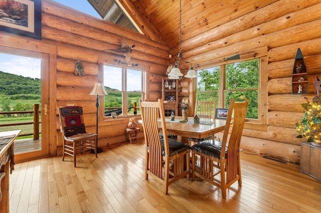 30453 County Road 19, Wiscoy Twp, MN 55971 - dining area featuring wood ceiling, light wood-type flooring, healthy amount of natural light, rustic walls, and high vaulted ceiling