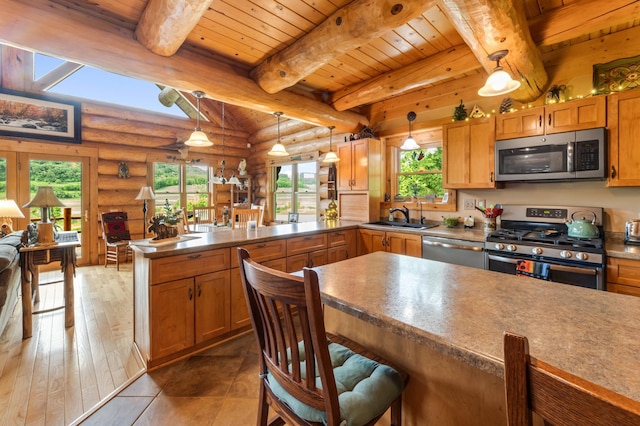 30453 County Road 19, Wiscoy Twp, MN 55971 - kitchen featuring stainless steel appliances, log walls, a peninsula, wood ceiling, and healthy amount of natural light