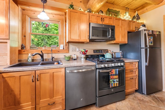30453 County Road 19, Wiscoy Twp, MN 55971 - kitchen featuring stainless steel appliances, a wood ceiling with exposed beams, light countertops, light tile patterned floors, and decorative light fixtures