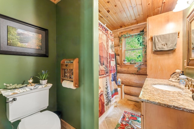 30453 County Road 19, Wiscoy Twp, MN 55971 - bathroom featuring vanity, wooden ceiling, curtained shower, tile patterned floors, and log walls