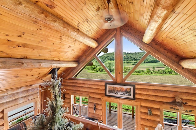 30453 County Road 19, Wiscoy Twp, MN 55971 - detailed view of log walls and a wood ceiling with exposed beams