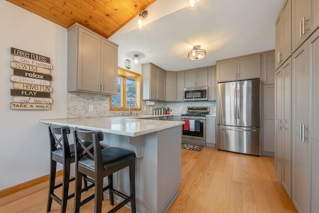 50945 Almond Ave, Nessel Twp, MN 55080 - kitchen with stainless steel appliances, a peninsula, tasteful backsplash, light wood-style floors, and a breakfast bar area