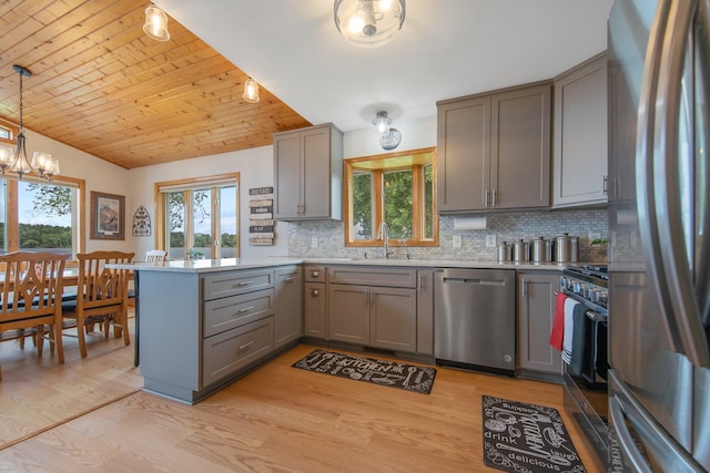 50945 Almond Ave, Nessel Twp, MN 55080 - kitchen featuring appliances with stainless steel finishes, gray cabinetry, a peninsula, and wood ceiling