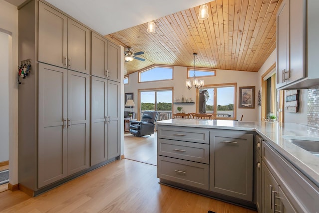 50945 Almond Ave, Nessel Twp, MN 55080 - kitchen featuring gray cabinets, wooden ceiling, a peninsula, vaulted ceiling, and light wood-style floors