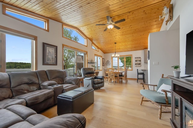 50945 Almond Ave, Nessel Twp, MN 55080 - living area featuring high vaulted ceiling, healthy amount of natural light, wooden ceiling, a chandelier, and light wood-style floors