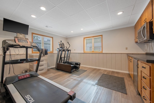 50945 Almond Ave, Nessel Twp, MN 55080 - workout room with light wood finished floors, a wainscoted wall, recessed lighting, and ornamental molding