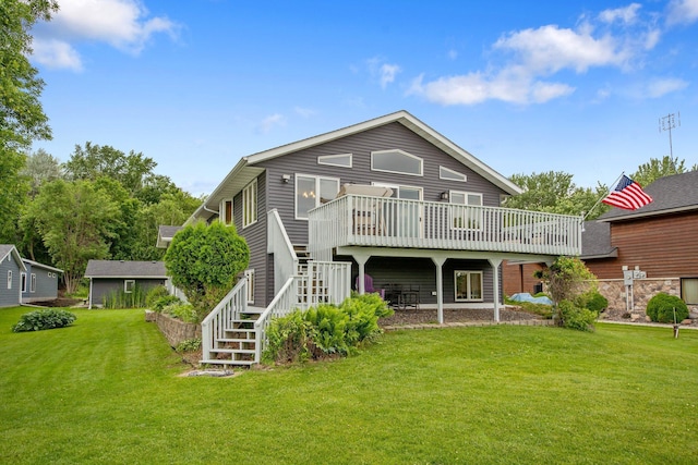 50945 Almond Ave, Nessel Twp, MN 55080 - rear view of property featuring stairs, a lawn, and a wooden deck