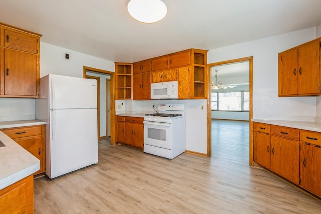 3654 Lyndale Ave N, Minneapolis, MN 55412 - kitchen featuring white appliances, open shelves, light wood-style floors, light countertops, and brown cabinetry
