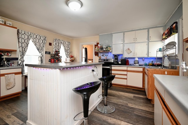 159 King St, Winona, MN 55987 - kitchen featuring stainless steel electric range, dark wood-style floors, a kitchen island, fridge, and a kitchen breakfast bar