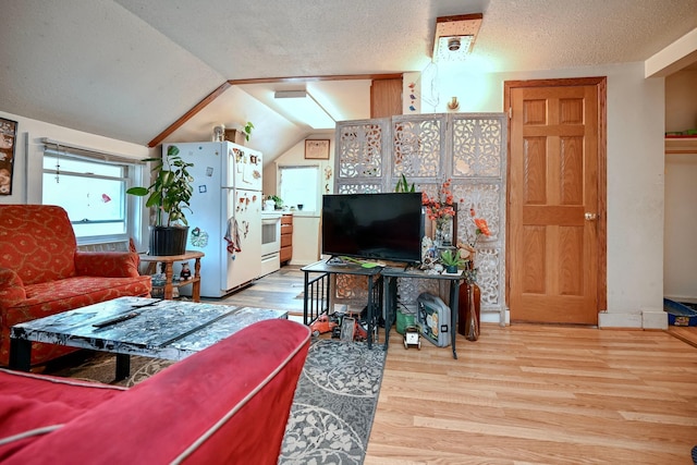 159 King St, Winona, MN 55987 - living room with light wood-style flooring, a textured ceiling, and vaulted ceiling