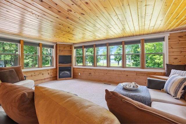 26952 Alpha Ln, Center Twp, MN 56465 - living room with wood walls, plenty of natural light, wooden ceiling, carpet flooring, and a fireplace