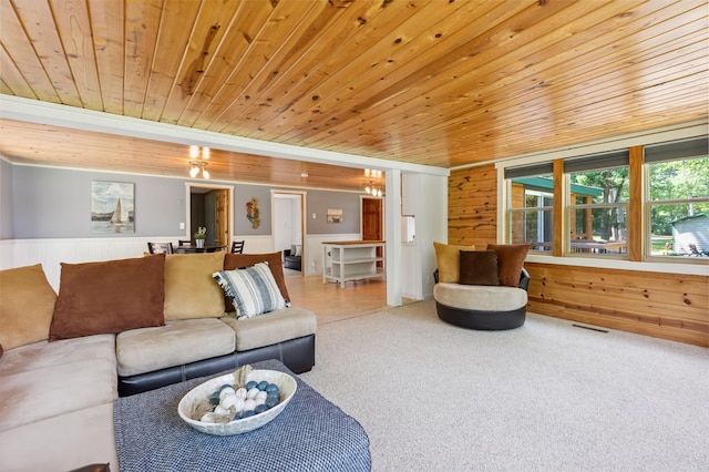 26952 Alpha Ln, Center Twp, MN 56465 - living area with wooden ceiling, wood walls, and carpet flooring