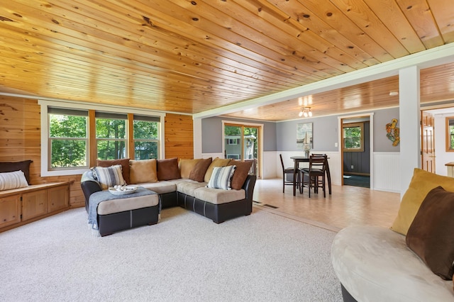 26952 Alpha Ln, Center Twp, MN 56465 - carpeted living area with wood ceiling, wainscoting, and wood walls