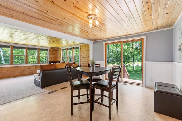 26952 Alpha Ln, Center Twp, MN 56465 - dining area featuring wood ceiling, a wainscoted wall, and wood walls