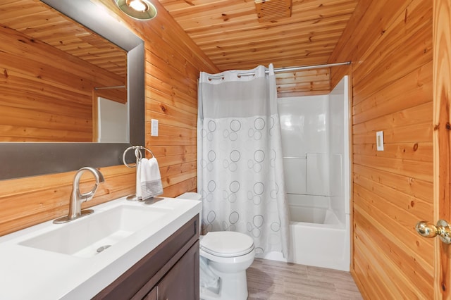 26952 Alpha Ln, Center Twp, MN 56465 - bathroom with wood ceiling, wooden walls, vanity, shower / tub combo, and wood finished floors