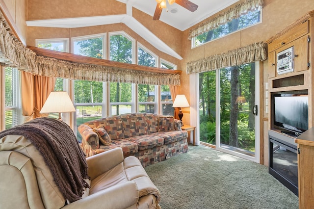 26952 Alpha Ln, Center Twp, MN 56465 - living area featuring carpet flooring, high vaulted ceiling, and a ceiling fan
