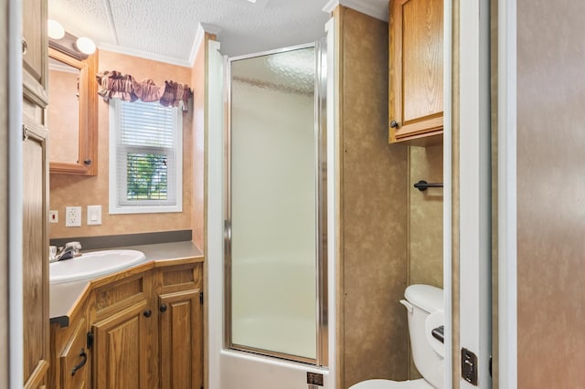 26952 Alpha Ln, Center Twp, MN 56465 - full bathroom featuring vanity, a shower with door, and crown molding