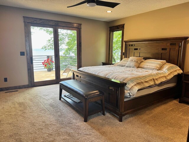 8766 Interlachen Rd, Lake Shore, MN 56468 - bedroom with light colored carpet, access to exterior, a textured ceiling, recessed lighting, and ceiling fan