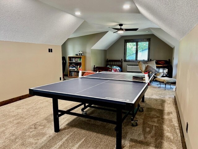 8766 Interlachen Rd, Lake Shore, MN 56468 - game room featuring carpet flooring, a textured ceiling, lofted ceiling, a ceiling fan, and a wall mounted AC