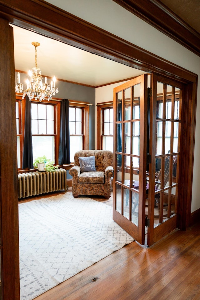 605 Chestnut St, Ellsworth, MN 56129 - living area with a chandelier, wood finished floors, ornamental molding, radiator, and french doors