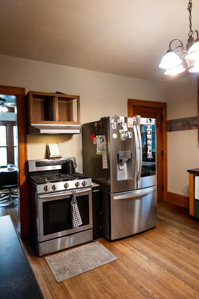 605 Chestnut St, Ellsworth, MN 56129 - kitchen with appliances with stainless steel finishes, under cabinet range hood, light wood-style flooring, a chandelier, and ceiling fan