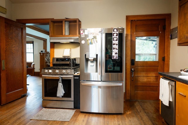 605 Chestnut St, Ellsworth, MN 56129 - kitchen with appliances with stainless steel finishes, under cabinet range hood, dark wood-type flooring, and dark countertops