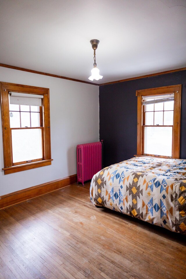 605 Chestnut St, Ellsworth, MN 56129 - bedroom featuring radiator, wood finished floors, and ornamental molding