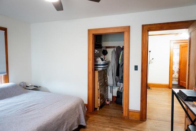 605 Chestnut St, Ellsworth, MN 56129 - bedroom featuring light wood-style floors, a walk in closet, a ceiling fan, and a closet