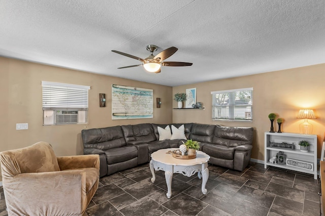 640 3rd St N, Dassel, MN 55325 - living area featuring a ceiling fan, a textured ceiling, and cooling unit