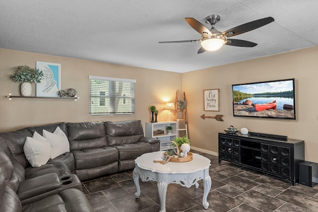 640 3rd St N, Dassel, MN 55325 - living room with ceiling fan and a textured ceiling