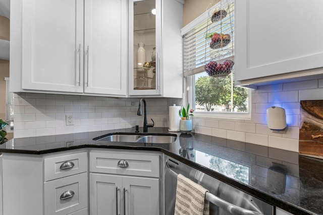 640 3rd St N, Dassel, MN 55325 - kitchen with dishwasher, white cabinets, and decorative backsplash