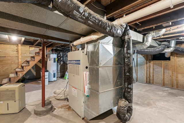 640 3rd St N, Dassel, MN 55325 - unfinished below grade area with water heater, stairs, and heating unit