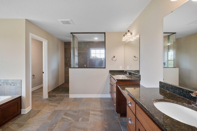 6430 Bluestem Cir, Corcoran, MN 55340 - full bath featuring two vanities, walk in shower, a garden tub, and stone finish flooring