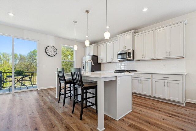 6645 Jody Ave S, Cottage Grove, MN 55016 - kitchen featuring stainless steel appliances, a center island with sink, wood finished floors, backsplash, and light countertops