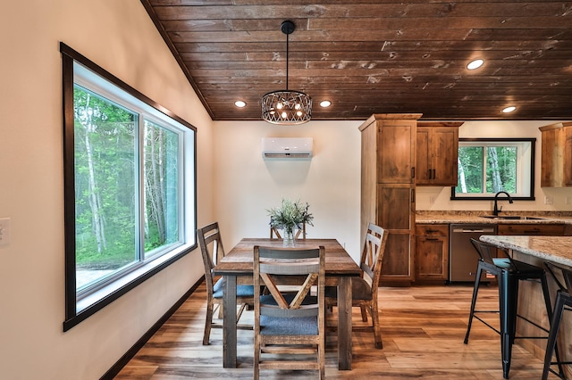 19566 Early Bird Dr, Park Rapids, MN 56470 - dining area with wooden ceiling, a wall mounted AC, light wood finished floors, a chandelier, and ornamental molding
