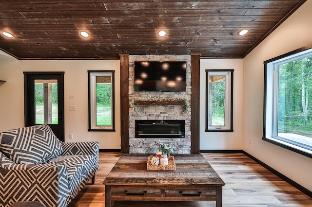 19566 Early Bird Dr, Park Rapids, MN 56470 - living room featuring wooden ceiling, wood finished floors, recessed lighting, crown molding, and a fireplace