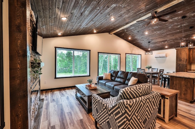 19566 Early Bird Dr, Park Rapids, MN 56470 - living room featuring a wall mounted air conditioner, light wood-style flooring, wooden ceiling, lofted ceiling, and ceiling fan