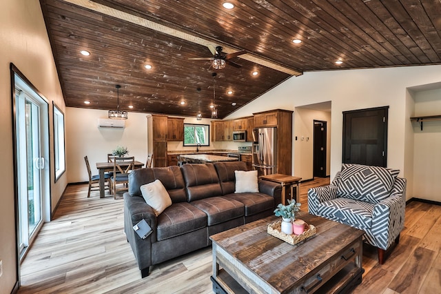 19566 Early Bird Dr, Park Rapids, MN 56470 - living area featuring wood ceiling, light wood-style floors, vaulted ceiling, ceiling fan, and recessed lighting