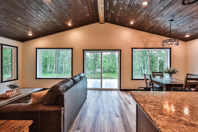 19566 Early Bird Dr, Park Rapids, MN 56470 - living room with light wood-style floors, vaulted ceiling, a chandelier, wood ceiling, and recessed lighting