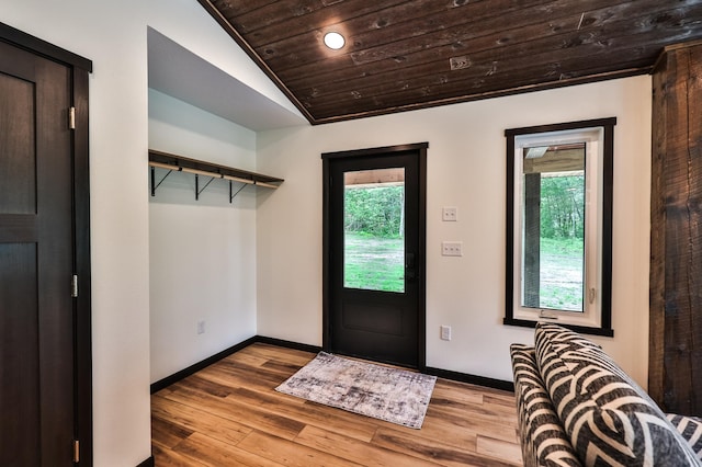 19566 Early Bird Dr, Park Rapids, MN 56470 - foyer with wooden ceiling, vaulted ceiling, and wood finished floors