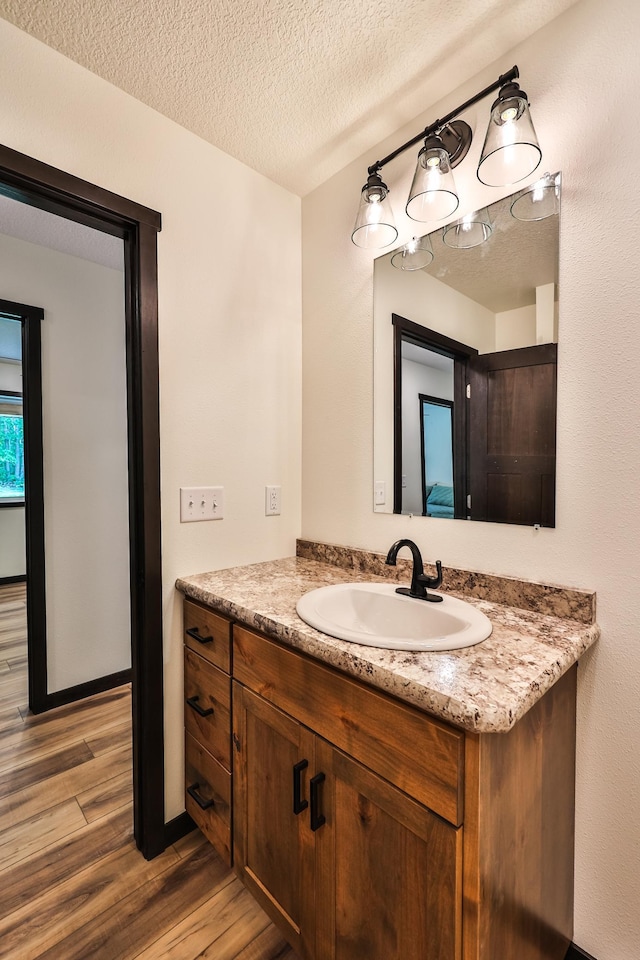 19566 Early Bird Dr, Park Rapids, MN 56470 - bathroom with wood finished floors, vanity, and a textured ceiling