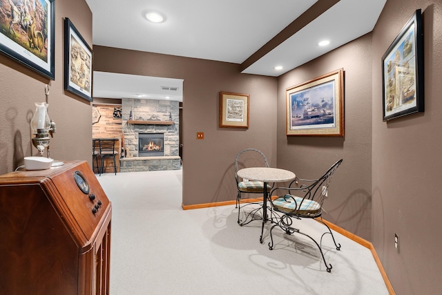 876 162nd St, Hammond, WI 54015 - dining room featuring carpet flooring, a stone fireplace, and recessed lighting