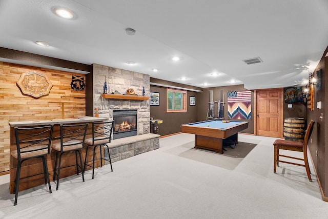 876 162nd St, Hammond, WI 54015 - recreation room featuring a fireplace, billiards table, recessed lighting, carpet flooring, and wood walls