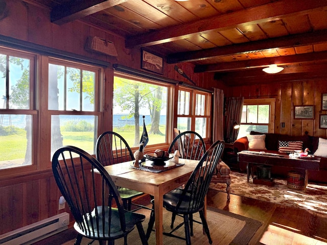 21393 324th Pl, Lakeside Twp, MN 56342 - dining space featuring baseboard heating, wood walls, wood finished floors, and a wood ceiling with exposed beams
